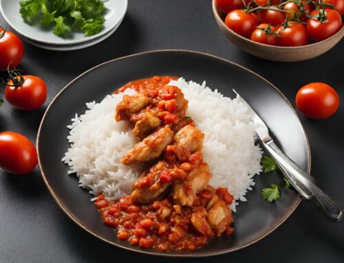 Arroz con pollo y salsa de tomate