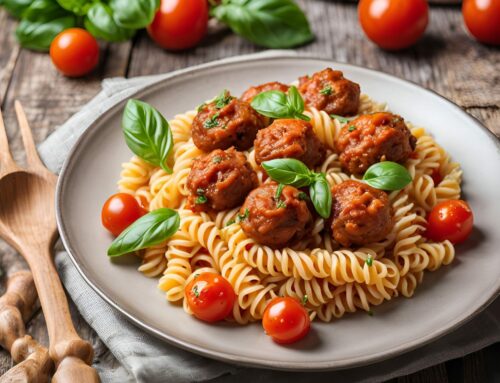 Fusilli mit Rinderbällchen, Tomatensauce und Basilikum